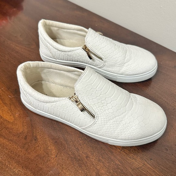 Krush White Zip Slide On Shoes Mens 6 /‎ Womens 8W Vegan Leather Snake Embossed - Picture 3 of 7